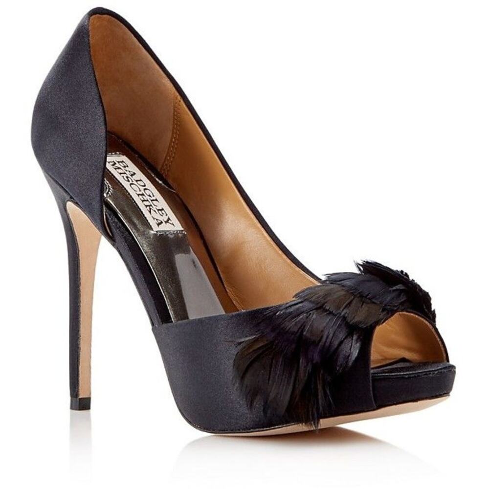 Badgley Mischka Gisella d'Orsay Peep open toe feather Evening Black Pumps 9.5 - Picture 1 of 8